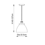 Dimension diagram of the Endon Wentworth pendant light showing 40–127cm adjustable height and 22.5cm shade diameter on a white background.