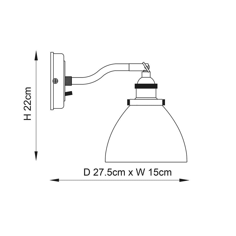 Dimensioned line drawing of the Endon Wentworth wall light showing 22cm height, 15cm width and 27.5cm projection with adjustable arm and domed shade.