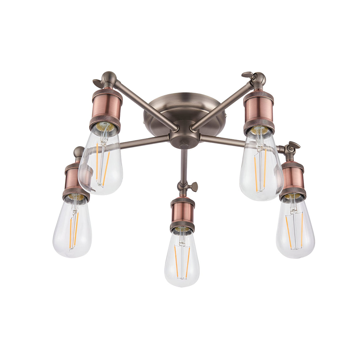 Endon Brackley 5 light semi-flush ceiling light in pewter and copper finish, with five angled arms holding exposed E27 filament bulbs.