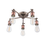 Endon Brackley 5 light semi-flush ceiling light in pewter and copper finish, with five angled arms holding exposed E27 filament bulbs.