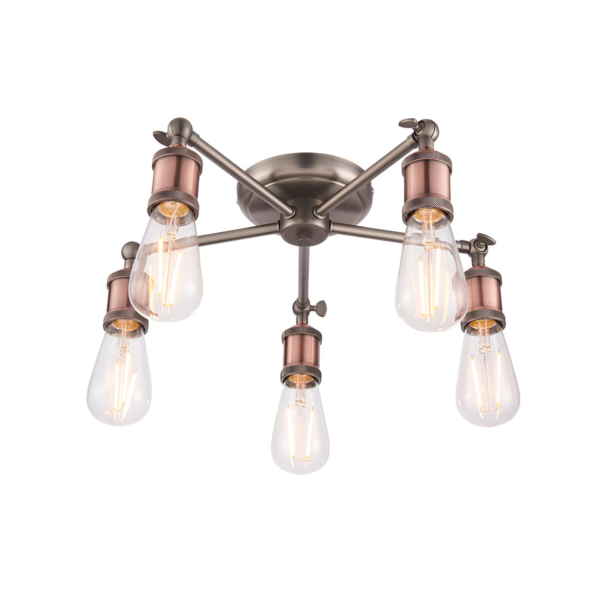 Endon Brackley 5 light semi-flush ceiling light in pewter and copper finish, with five exposed E27 filament bulbs on radial arms, on a white background.