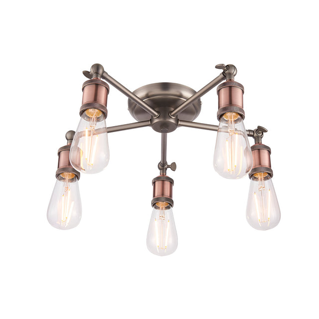 Endon Brackley 5 light semi-flush ceiling light in pewter and copper finish, with five exposed E27 filament bulbs on radial arms, on a white background.