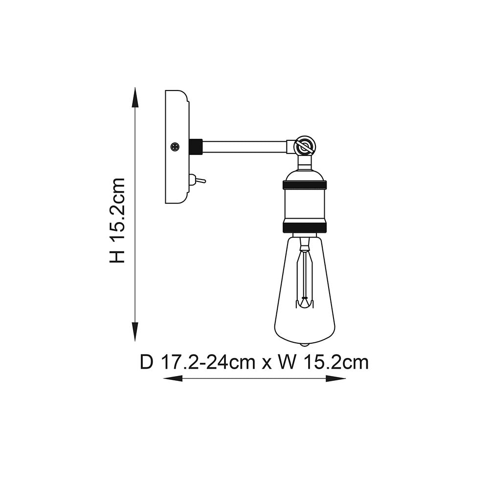Dimensioned line drawing of the Endon Brackley wall light showing 15.2cm height, 15.2cm width and 17.2–24cm adjustable projection.