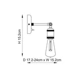 Dimensioned line drawing of the Endon Brackley wall light showing 15.2cm height, 15.2cm width and 17.2–24cm adjustable projection.