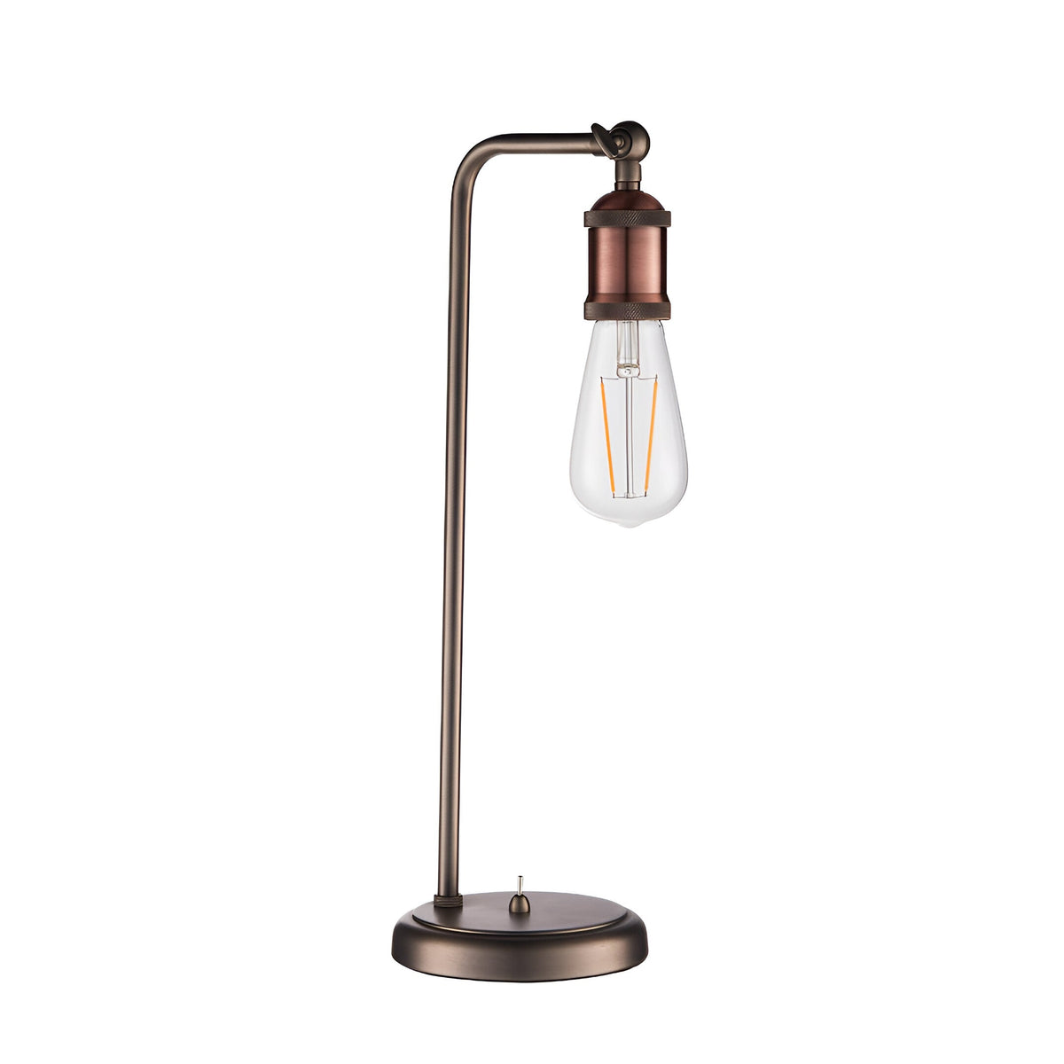 Brackley Table Lamp in copper and silver metal with an adjustable knuckle joint, exposed E27 bulb, round base with on/off switch, on a white background.