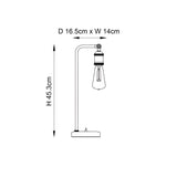Line drawing of the Brackley industrial table lamp showing adjustable joint, exposed E27 bulb, round switch base, H45.3cm D16.5cm W14cm.
