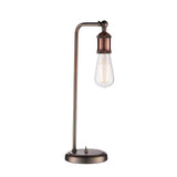Brackley Table Lamp in copper and silver, an industrial-style adjustable lamp with knurled bulb holder, angled arm, round base and on/off switch.