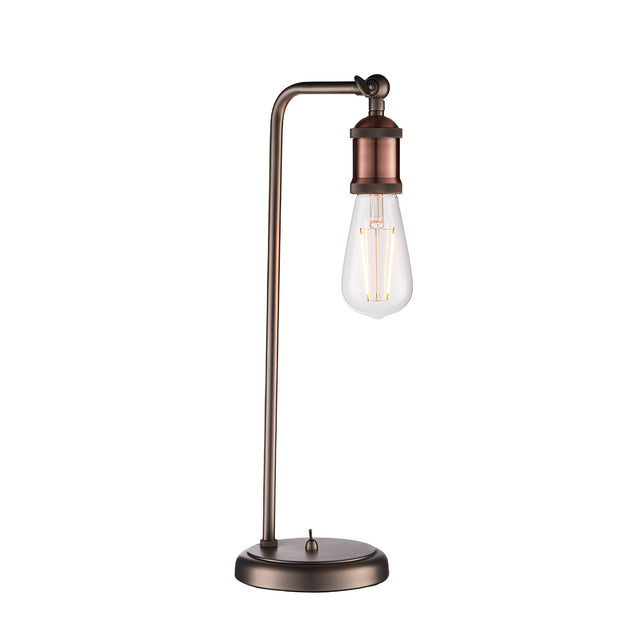 Brackley Table Lamp in copper and silver, an industrial-style adjustable lamp with knurled bulb holder, angled arm, round base and on/off switch.
