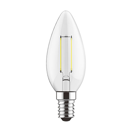 Clear candle-shaped LED filament bulb with visible vertical filaments and E14 screw cap on a chrome base, shown against a plain white background.