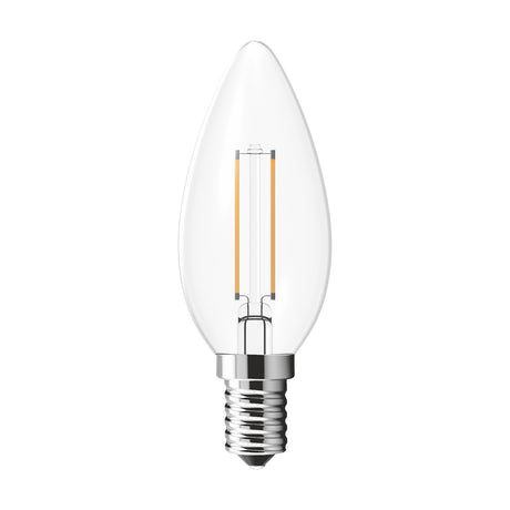 Clear candle-shaped LED filament bulb, E14 fitting, 2W, 2700K warm white, 250lm, on a plain white background.