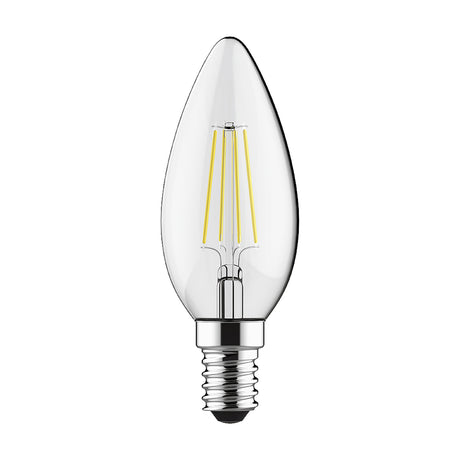Candle-shaped LED bulb with clear glass envelope showing visible filament, E14 screw cap, 4W, 4000K neutral white, on a plain white background.