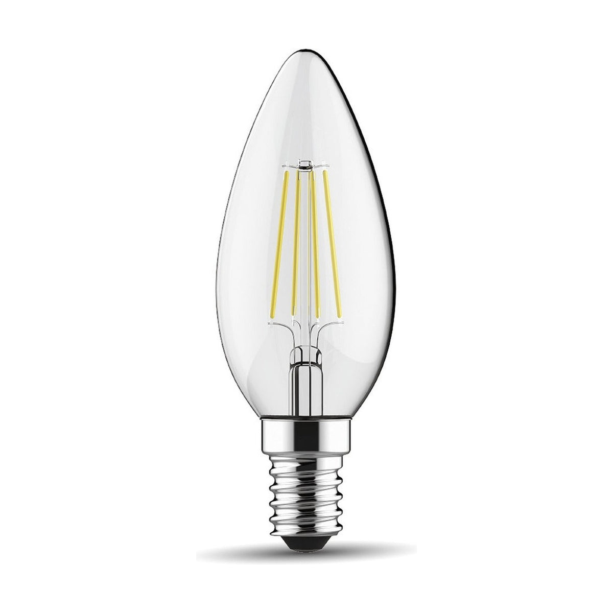 E14 candle LED bulb with clear glass and visible filament, 4W 2700K warm white, small screw fitting, shown on a plain white background.