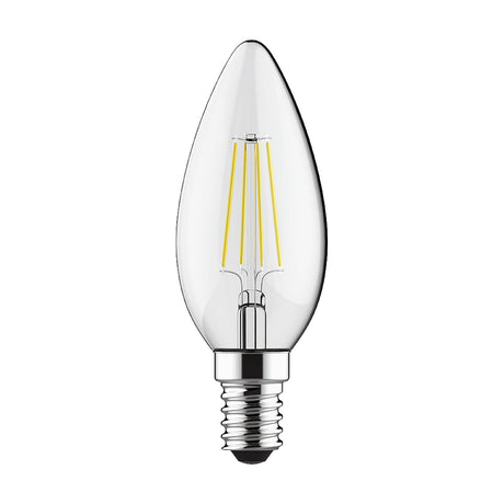 Candle-shaped E14 LED bulb with clear glass and visible filament, 4W dimmable, 6000K daylight white, shown on a plain white background.