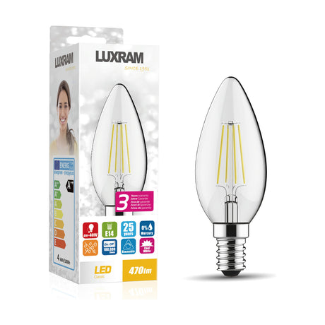 E14 candle-shaped LED bulb with clear glass and visible filament, 4W dimmable, 4000K cool white, shown beside its packaging on a white background.