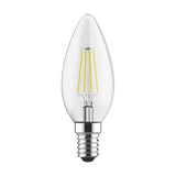 E14 candle-shaped LED bulb with clear glass body and visible filament, dimmable, 4W, 4000K cool white, on a plain white background.