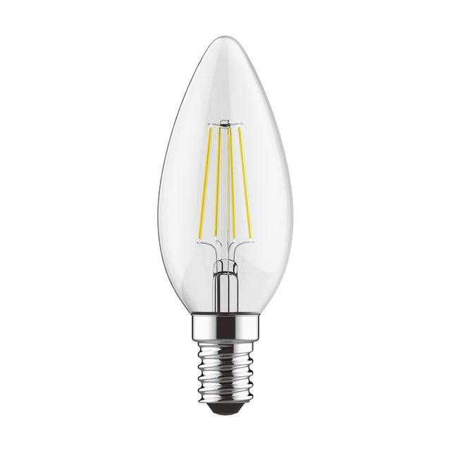 E14 candle-shaped LED bulb with clear glass body and visible filament, dimmable, 4W, 4000K cool white, on a plain white background.