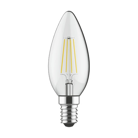 Clear E14 candle LED bulb with visible filaments, dimmable, 4W 2700K warm white, shown against a plain white background.