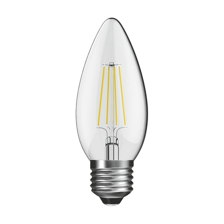 Clear glass candle-shaped LED filament bulb with E27 screw cap and visible warm white filaments, shown on a plain white background.
