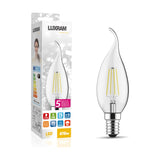 E14 bent-tip candle LED bulb with clear glass, visible filaments and chrome screw cap, shown beside its Luxram packaging on a white background.