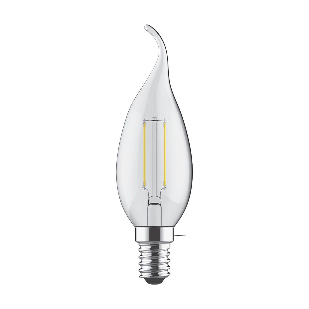 E14 bent-tip candle LED bulb in clear glass with visible filament, 4W warm white 2700K, screw cap fitting, shown on a plain white background.