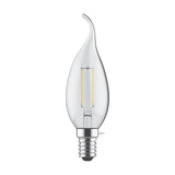 E14 bent-tip candle LED bulb in clear glass with visible filament, 4W warm white 2700K, screw cap fitting, shown on a plain white background.