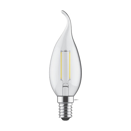 E14 bent-tip candle LED bulb in clear glass with visible filament, 4W warm white 2700K, screw cap fitting, shown on a plain white background.