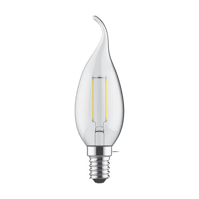 E14 bent-tip candle LED bulb in clear glass with visible filament, 4W warm white 2700K, screw cap fitting, shown on a plain white background.