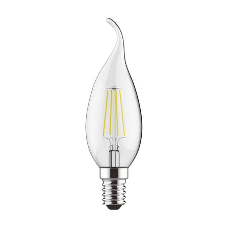 Clear glass E14 candle lamp with bent-tip (whisk) shape and visible LED filament, 4W dimmable, 2700K warm white, shown against a plain white background.