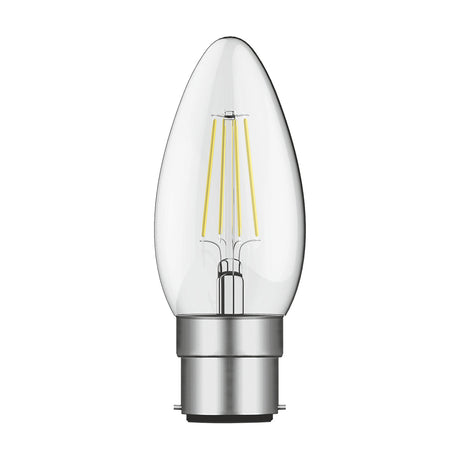 Clear candle-shaped LED bulb with visible filament and bayonet cap, B22 4W dimmable, 2700K warm white, shown on a plain white background.