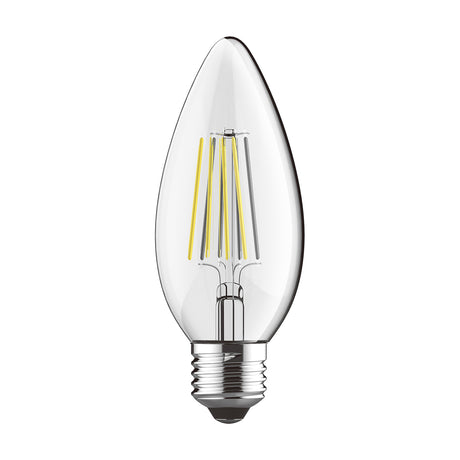 Clear candle-shaped LED bulb with E27 screw cap and visible filament, shown against a plain white background, 4W dimmable, 4000K neutral white.