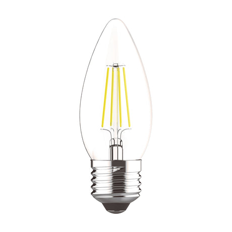 Candle-shaped E27 LED filament bulb with clear glass, visible warm-white filaments, and a silver-tone screw cap, shown on a plain white background.