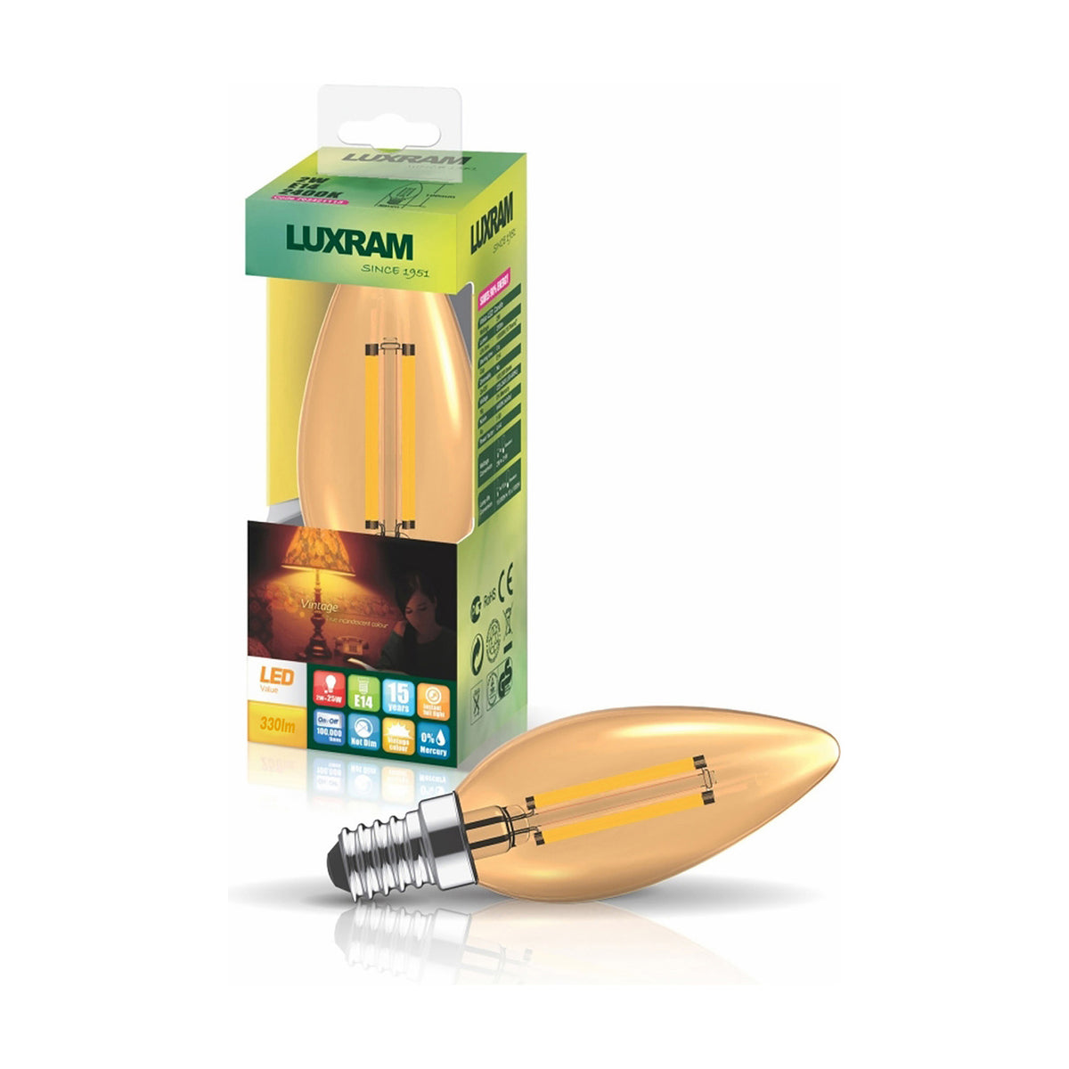 E14 candle-shaped LED bulb in gold-tinted glass with visible filament, 4W 2200K warm amber light, 330lm, shown with retail packaging on a white background.