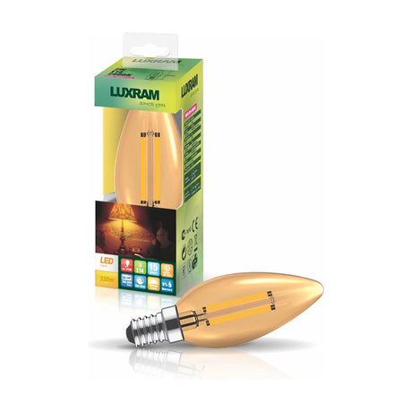 E14 candle-shaped LED bulb in gold-tinted glass with visible filament, 4W 2200K warm amber light, 330lm, shown with retail packaging on a white background.