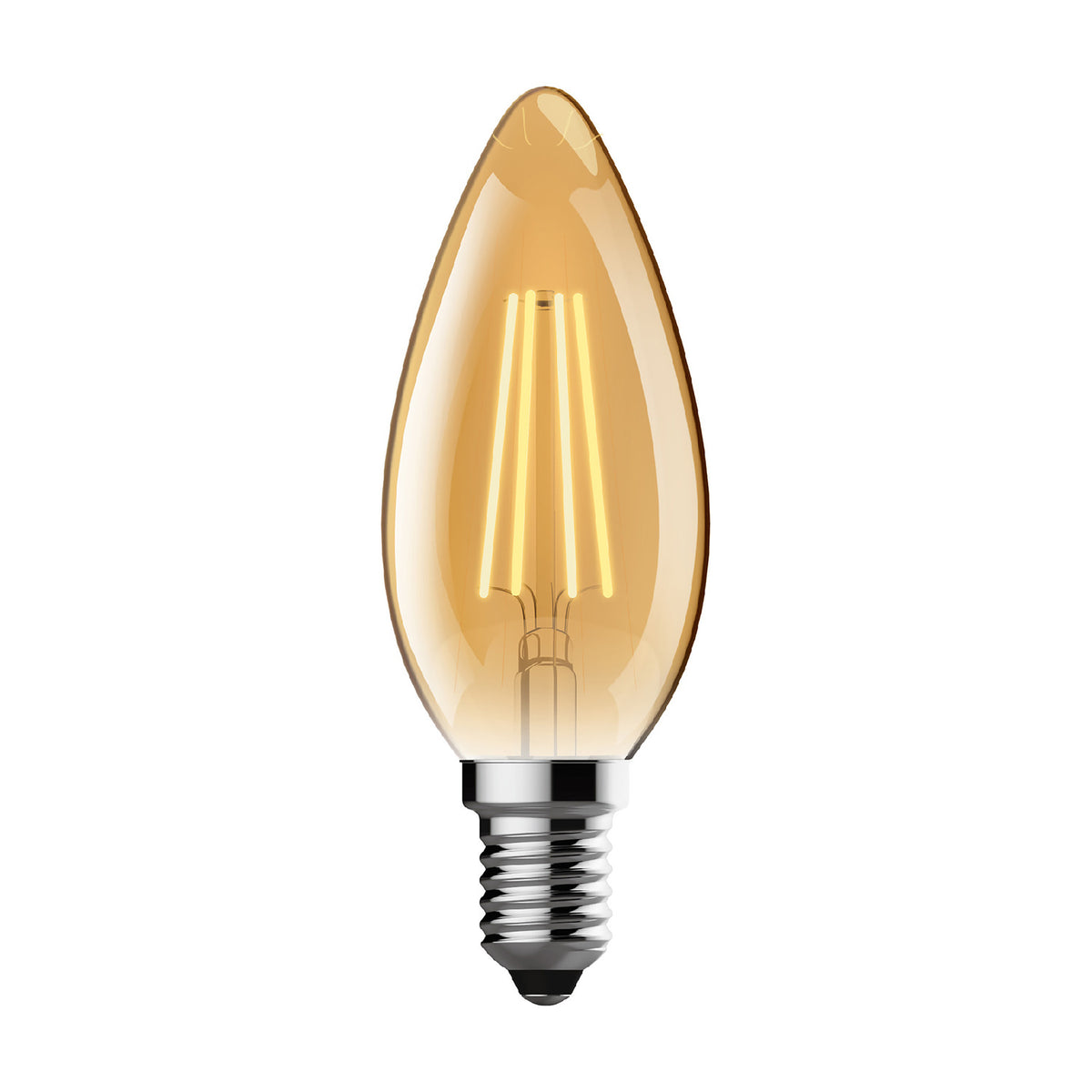 E14 candle LED bulb in gold-tinted glass with visible vintage-style filaments and a chrome E14 screw cap, shown on a plain white background.