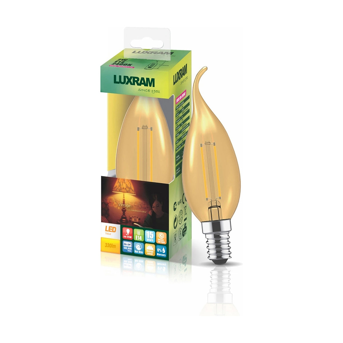 E14 bent-tip candle LED bulb with gold-tinted glass and visible filament, 4W 2200K warm white, shown beside its retail box on a white background.