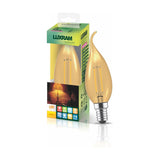 E14 bent-tip candle LED bulb with gold-tinted glass and visible filament, 4W 2200K warm white, shown beside its retail box on a white background.