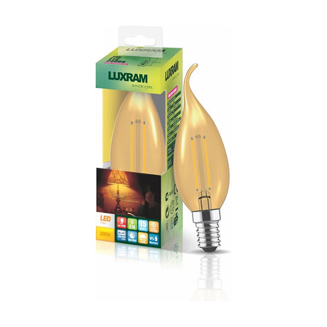 E14 bent-tip candle LED bulb with gold-tinted glass and visible filament, 4W 2200K warm white, shown beside its retail box on a white background.