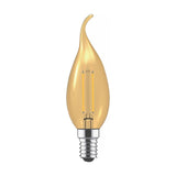 E14 bent-tip candle LED bulb with gold-tinted glass, visible filament strips, and E14 screw fitting, 4W 2200K warm white, non-dimmable, on a plain white background.