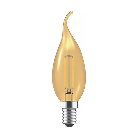 E14 bent-tip candle LED bulb with gold-tinted glass, visible filament strips, and E14 screw fitting, 4W 2200K warm white, non-dimmable, on a plain white background.