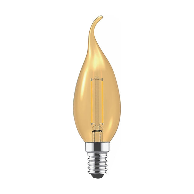 E14 bent-tip candle LED bulb with gold-tinted glass, visible filament strips, and E14 screw fitting, 4W 2200K warm white, non-dimmable, on a plain white background.