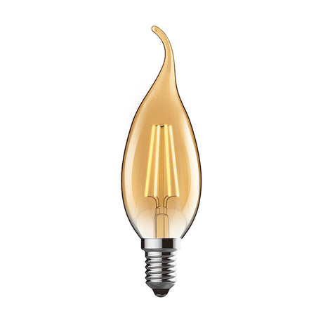 E14 dimmable candle light bulb with bent flame-tip amber glass envelope and visible filament, chrome cap, shown against a plain white background.