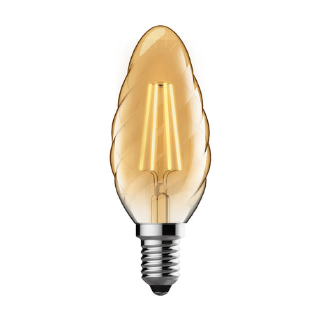 Twisted-glass E14 candle bulb in gold finish with visible LED filaments, chrome screw cap, shown against a plain white background.