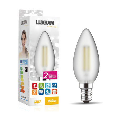E14 candle LED bulb with frosted glass finish and silver E14 screw cap, shown beside its packaging on a white background, 4W warm white 2700K, non-dimmable.