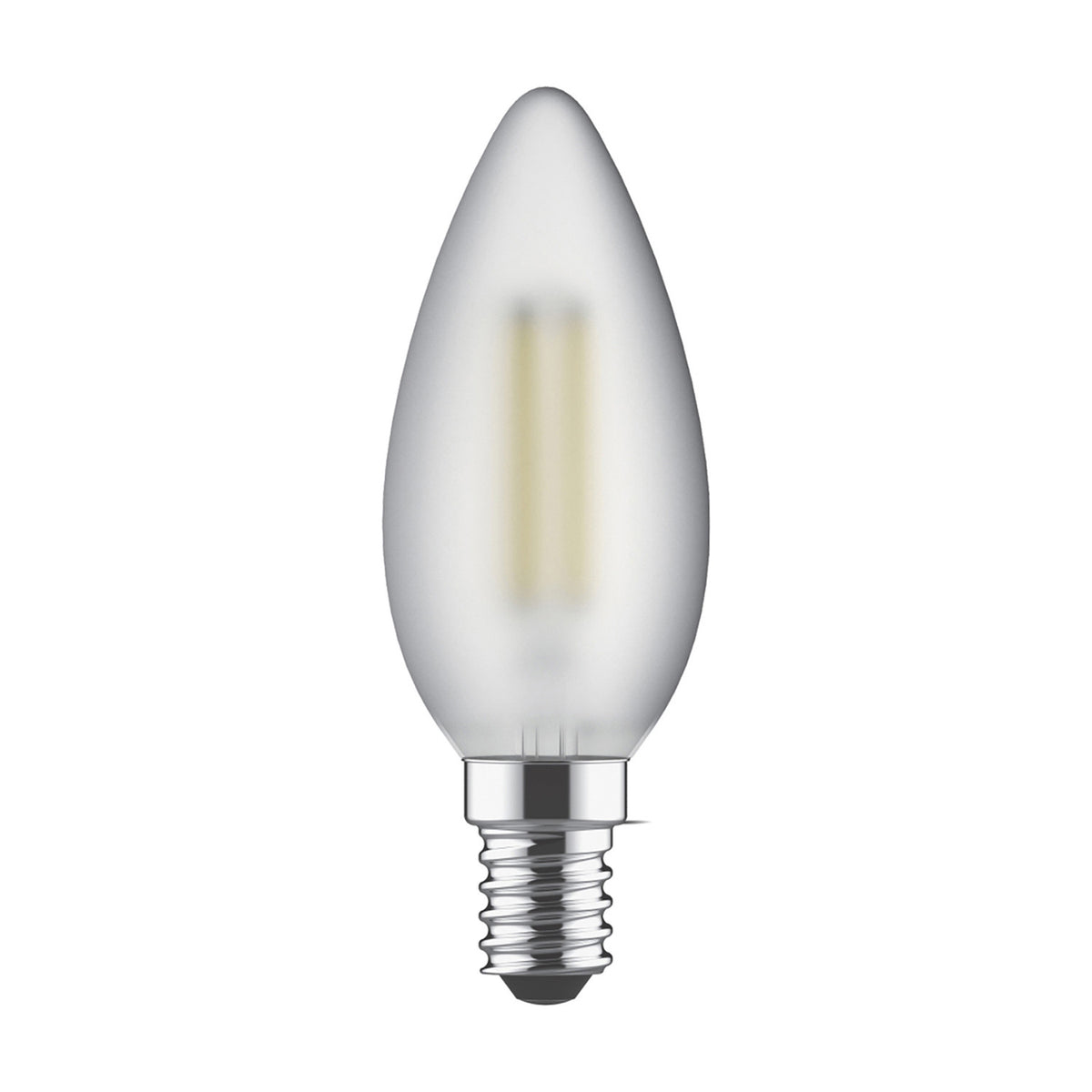 E14 candle LED bulb with frosted glass finish, visible filament, and E14 screw cap, 4W 2700K warm white, shown on a plain white background.