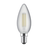 E14 candle LED bulb with frosted glass finish, visible filament, and E14 screw cap, 4W 2700K warm white, shown on a plain white background.