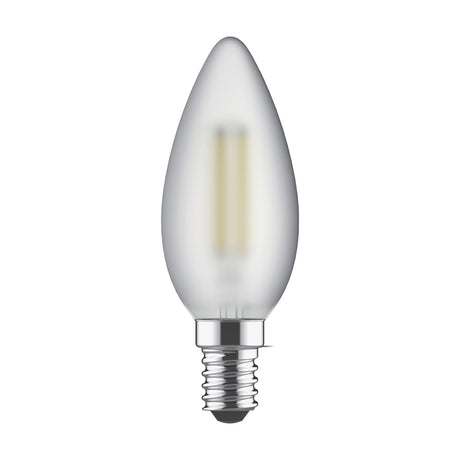 E14 candle LED bulb with frosted glass finish, visible filament, and E14 screw cap, 4W 2700K warm white, shown on a plain white background.