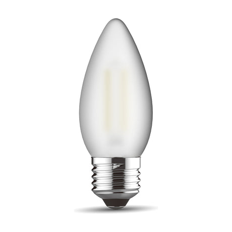 Candle-shaped E27 LED bulb with frosted glass envelope showing visible filaments, chrome screw cap, 4W warm white 2700K, on a plain white background.