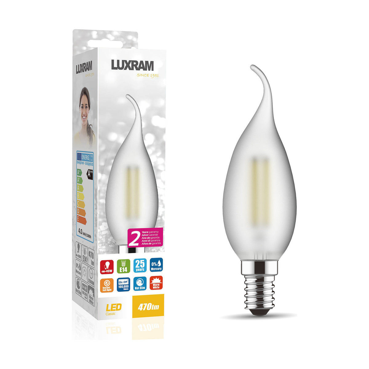 E14 bent-tip candle LED bulb with frosted glass finish and visible filament, shown beside its packaging on a plain white background, 4W 2700K warm white, non-dimmable.