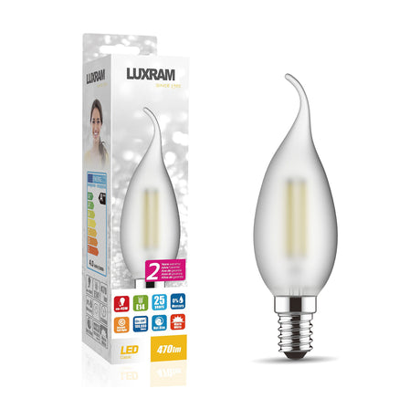 E14 bent-tip candle LED bulb with frosted glass finish and visible filament, shown beside its packaging on a plain white background, 4W 2700K warm white, non-dimmable.