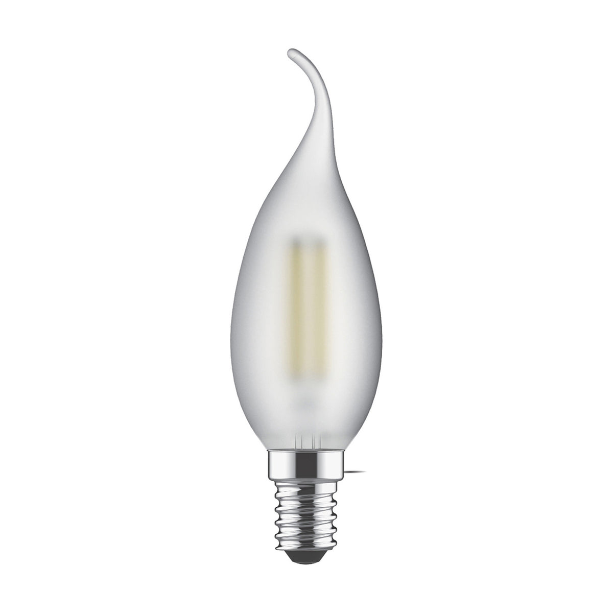 E14 bent-tip candle LED bulb with frosted glass finish and visible filament, chrome-tone metal screw cap, shown on a plain white background.